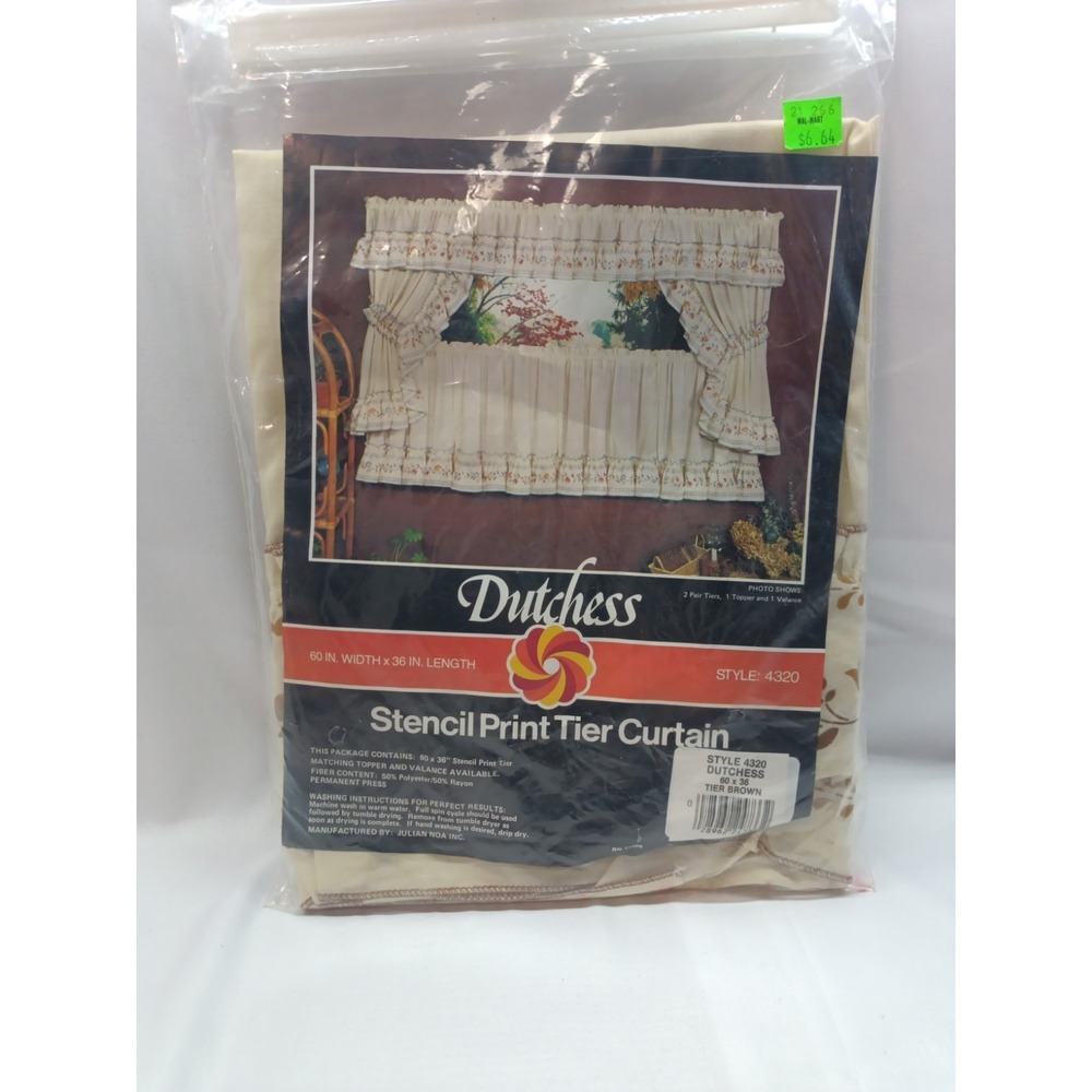 Vintage Julian Noa Dutchess Tier Curtain Brown Stencil Print NOS 60x36 USA Made